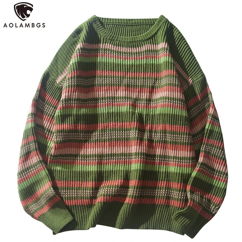 

Aolamegs Striped Sweater Men Couple Autumn Casual Knitted Pullovers Winter Warm Patchwork Color Knittedwear Student Loose Jumper