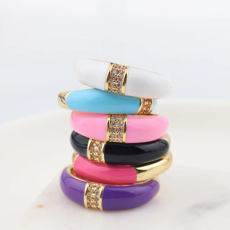 6 Colors Simple Style Colorful Enamel Ring Paved With Shiny Rainbow Cubic Zircon Stone Fashion Wed Engage Ring For Women