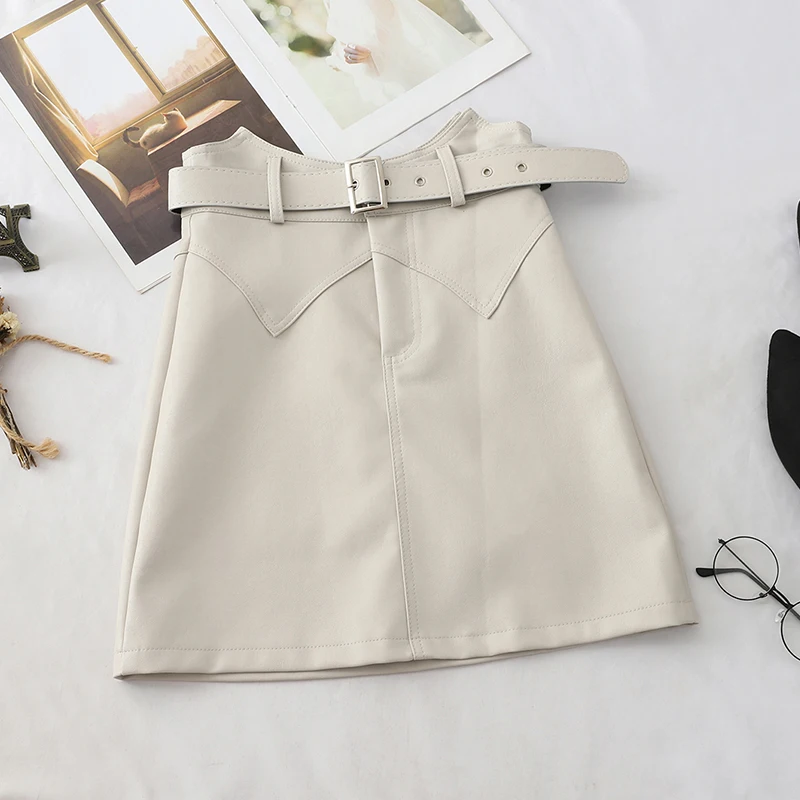 

Summer Autumn Black A-Line PU Leather Skirt Women High Waist Office Wear Mini Skirts Female Belt Wavy Edge Short Skirt