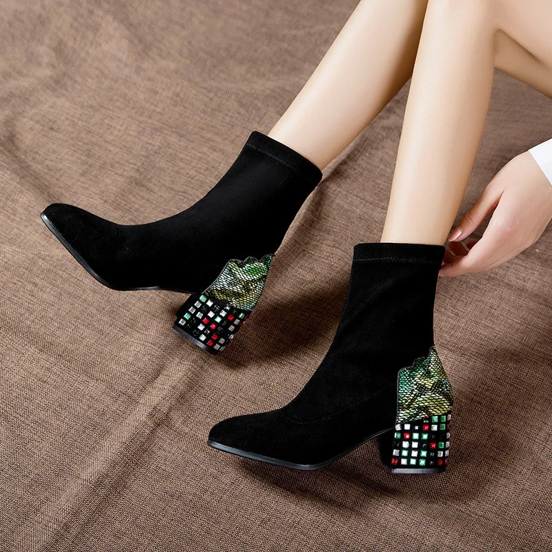 

Booties Female European and American Style 2019 New Stretch Fashion Bare Boots Rhinestone Heel Thin and Thick with Martin Boots