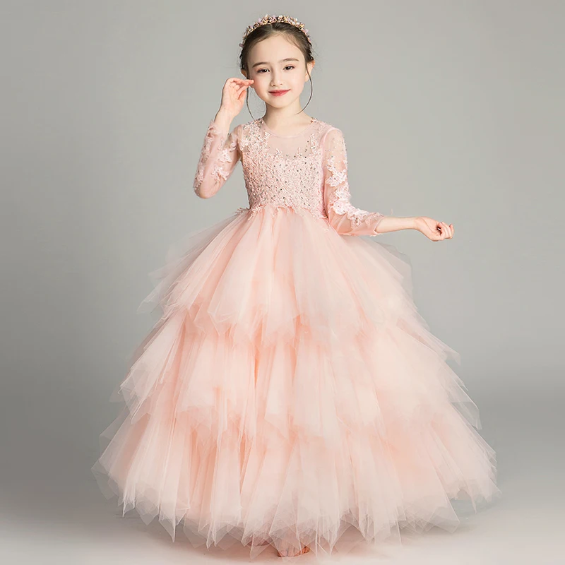 

Romantic Kids Girls Candy Pink Long Sleeves Birthday Party Princess Prom Show Ball Gowns Children Teens Layers Mesh Piano Dress