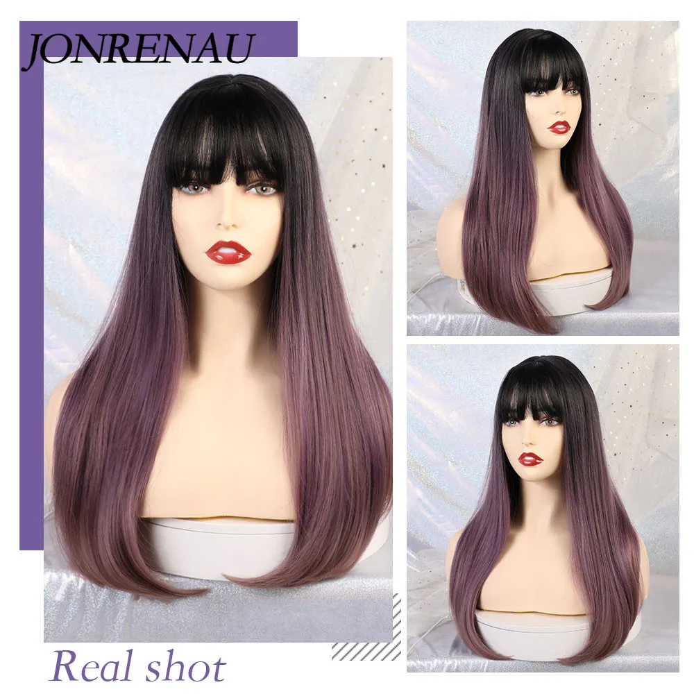 JONRENAU длинные прямые синтетические парики с аккуратной челкой Омбре коричнево-светлые парики для черных женщин/белых женщин
