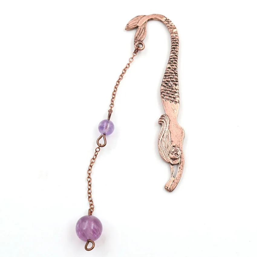 FYJS Unique Copper Mermaid Link Chain Amethysts Round Beads Bookmark Pendant Red Agates Jewelry | Украшения и аксессуары