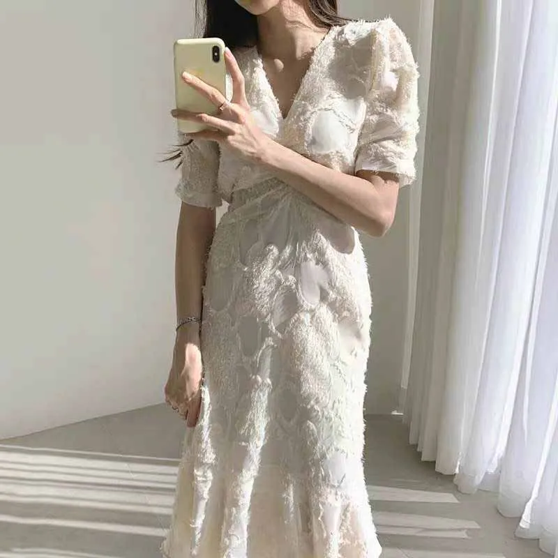 

Stylish V-Neck Elegant Waist-Controlled Slimming 2020 Early Spring Plus Slender Ruffles Short-Sleeved Long Dress