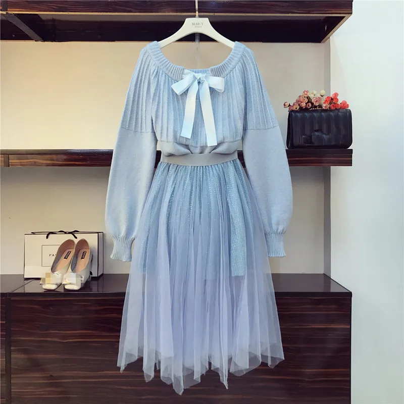 

Fairy Mesh Skirt Set 2019 Autumn New Slash neck Bow Tie Sweater and Patchwork Shinny Skirt 2 Piece Set Women Clothing Elegant