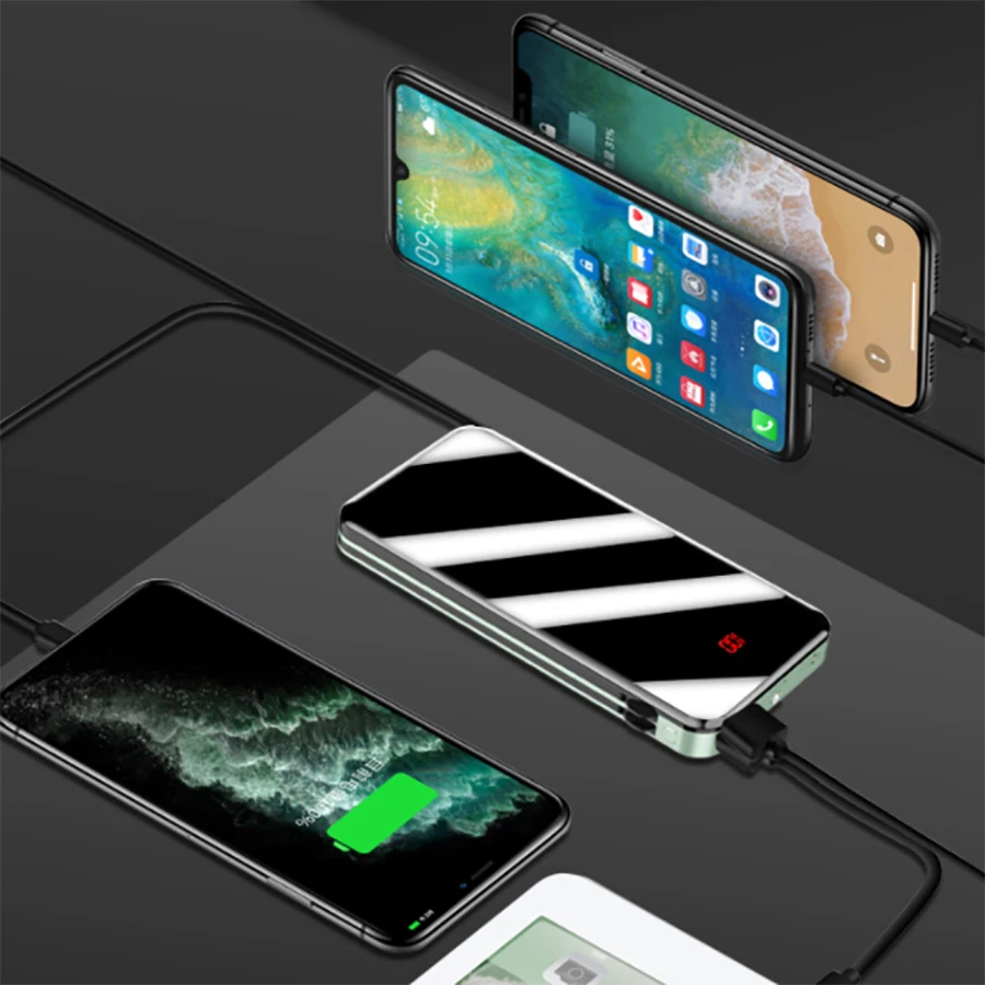 Внешний аккумулятор 20000 мАч, двойной USB, быстрая зарядка, зеркальный экран, встроенный кабель, внешняя батарея, портативный внешний аккумулятор, аккумулятор для телефона