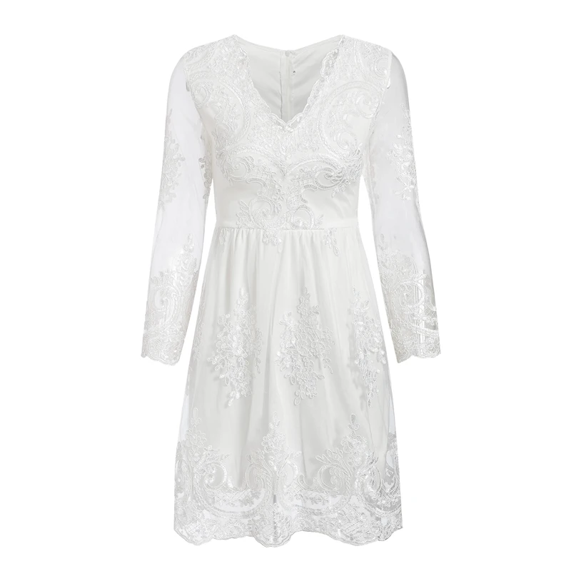 NLW белое кружевное вечернее платье женская элегантная Цветочная вышивка Белое платье Осень Зима V шеи выдалбливают Мини платье Vestidos - Цвет: Белый