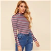 SHEIN многоцветный стоячий воротник полосатый ребристый вязаный Повседневная футболка Женские топы осень длинный рукав облегающие эластичные футболки