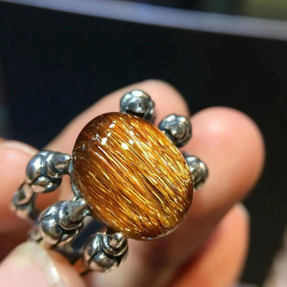 

Natural Copper Rutilated Quartz Cat Eye Crystal Adjustable Bead Ring 14x11mm Women Men Silver AAAAA Certificate