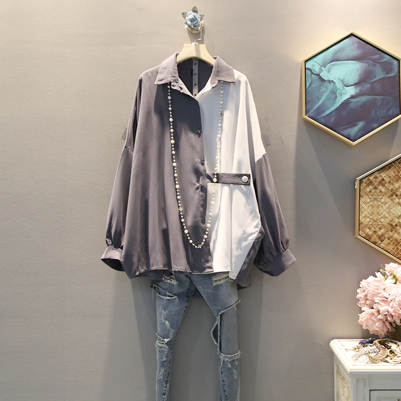 [EWQ] Spring Autumn New Lapel Long Sleeve Hit Colors Patchwork Single Breasted Vintage Shirt Women Blouse Femals AH189