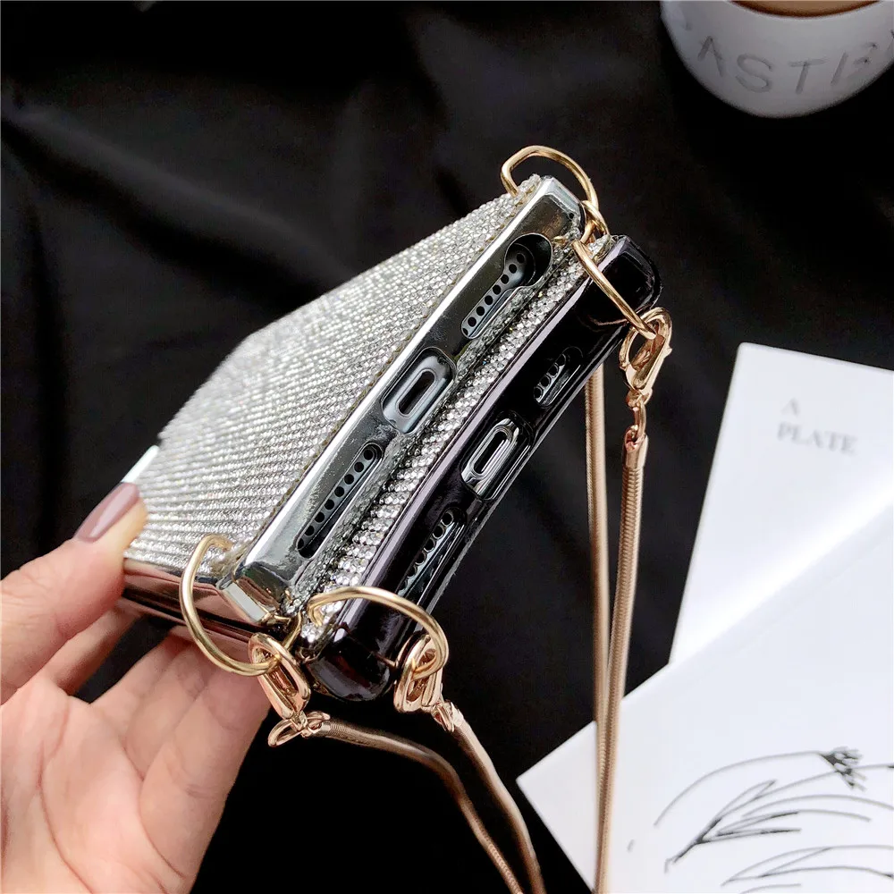 Bling Glitter Rhinestone Diamond Crossbody Case For iPhone XS MAX XR X 8 7 Plus 11 12 13 Pro Cover Women Long Strap Metal Chain 13 pro max case