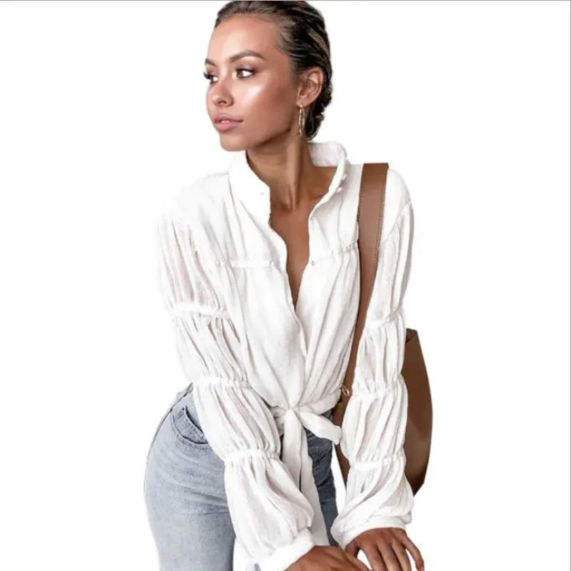 

Europe and the United States 2019 autumn new stand collar long-sleeved mesh perspective cardigan straps slim umbilical blouse