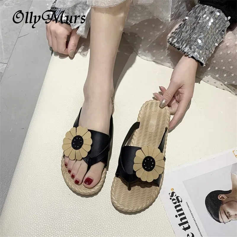 

OllyMurs Women Sandals Slipper Indoor Outdoor Flat Flip-flops Beach Shoes 2020 New Fashion Flower Female Casual Soft Slipper