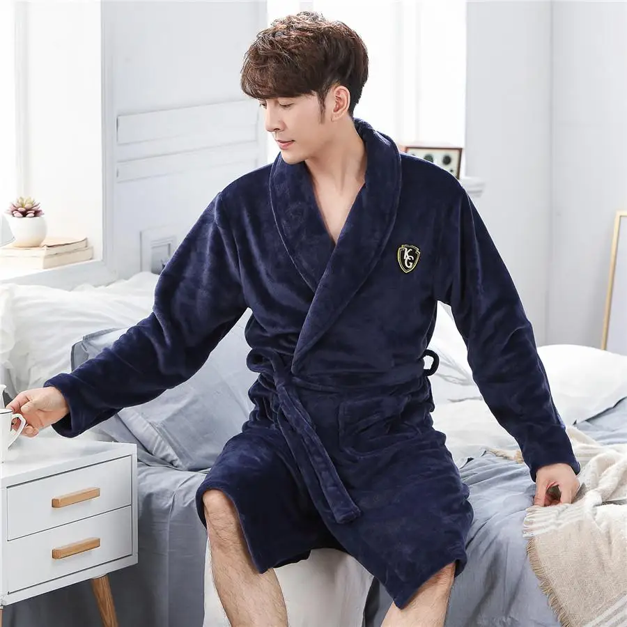 Мягкий коралловый флисовый халат с v-образным вырезом для мужчин, ультра плотная одежда для сна, кимоно, платье с длинным рукавом, домашняя одежда, пижамы, теплая зимняя ночная рубашка - Цвет: Navy Blue2 B