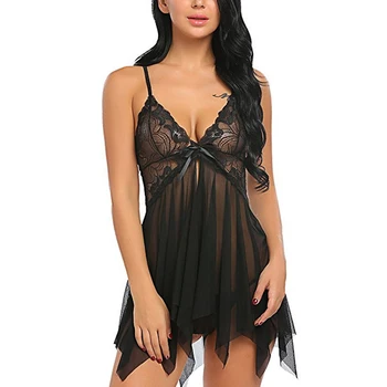 

Female Sexy Lingerie V Neck Sling Lace Nightdress Mid Split Sling Sleepwear Women Nightgown Temptation Babydoll Silk NightDress