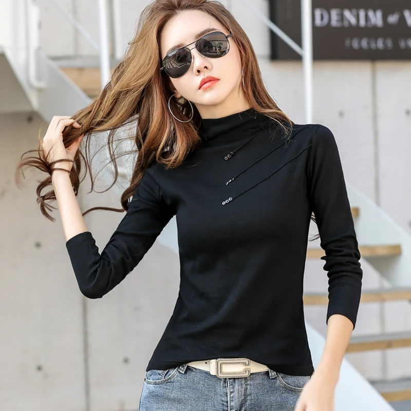 Tanie Shintimes przycisk z golfem T koszula koszulka damska modne ciuchy 2019 topy jesień z długim rękawem bawełniana koszulka Femme Plus rozmiar