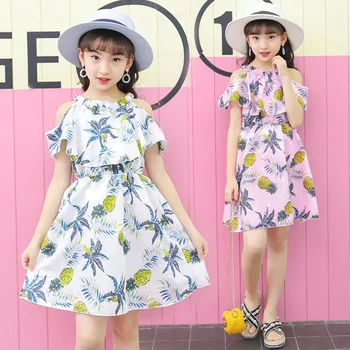 

Spring And Summer Girls Fruit Print Dress Children Loose Off-the-shoulder Sleeve Chiffon Princess Dress