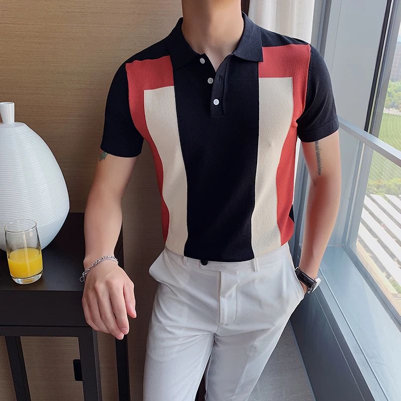 

High Quality Summer Polo Shirt Men Contrast Colors Slim Fit Short Sleeve Men Polo Shirt Turn Down Collar Casual Polo Homme 3XL-M