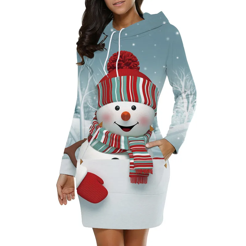 Женское платье с капюшоном, рождественские платья, зима, тонкая уличная одежда, 3D Толстовка с капюшоном, рождественское платье с принтом Санта Клауса и снеговика