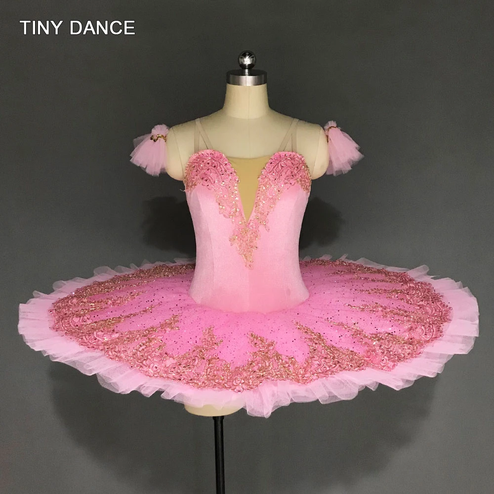 Stretch Pink Velvet Bodice with Gold Trim in the Front 7 Layers Pleated Tulle Pancake Tutu Ballerina Professional Costume BLL177 |