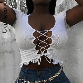 

Cryptographic Solid Summer Lace Up Women Tops T-Shirts Short Sleeve Fashion Sexy Female Tops Lace Knitted T-shirt Streetwear