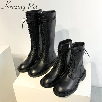 

Krazing Pot new arrivals fashion cow leather zipper riding boots med heel round toe warm winter shoes luxury knee high boots L69