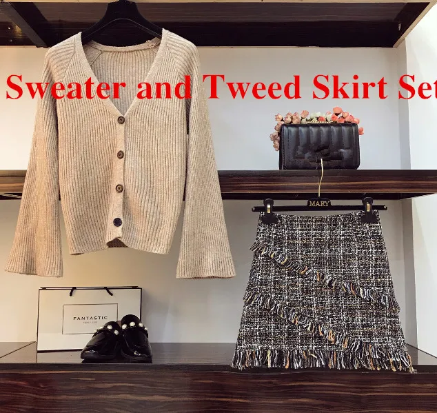 Осенне-зимний женский кардиган с v-образным вырезом и пуговицами, трикотажное пальто+ твидовая юбка с высокой талией и кисточками, комплект из 2 предметов, женские юбки, наряды - Цвет: Top and Skirt Set