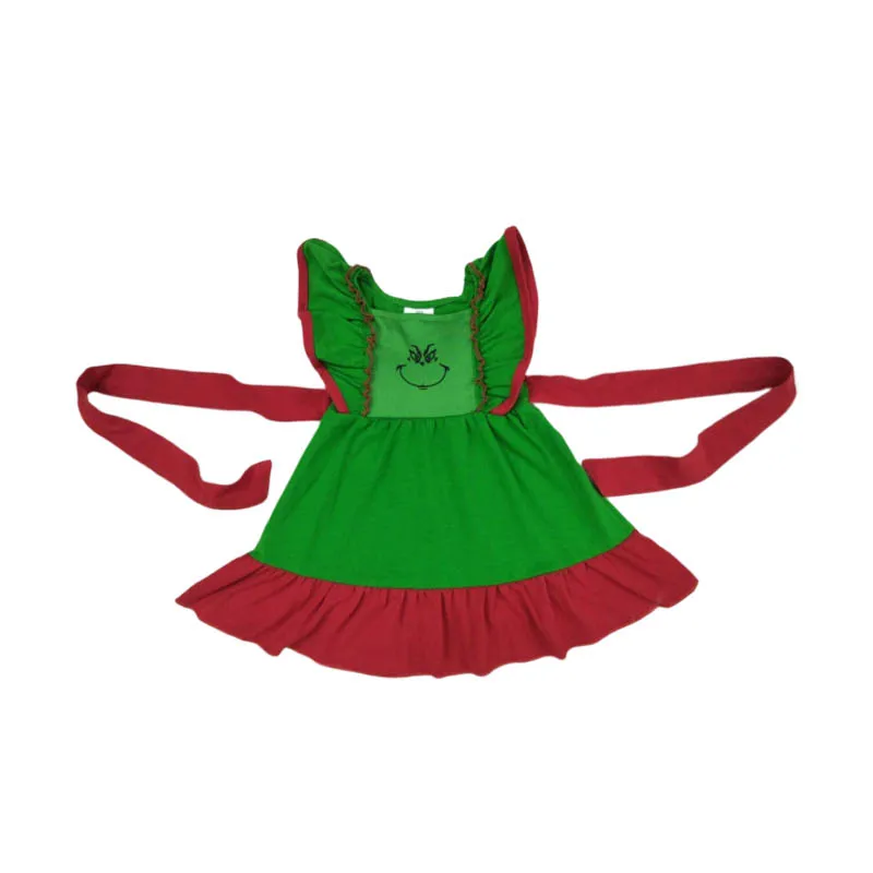 Лидер продаж; высококачественное рождественское платье с воланами на рукавах для маленьких девочек; одежда зеленого и красного цвета