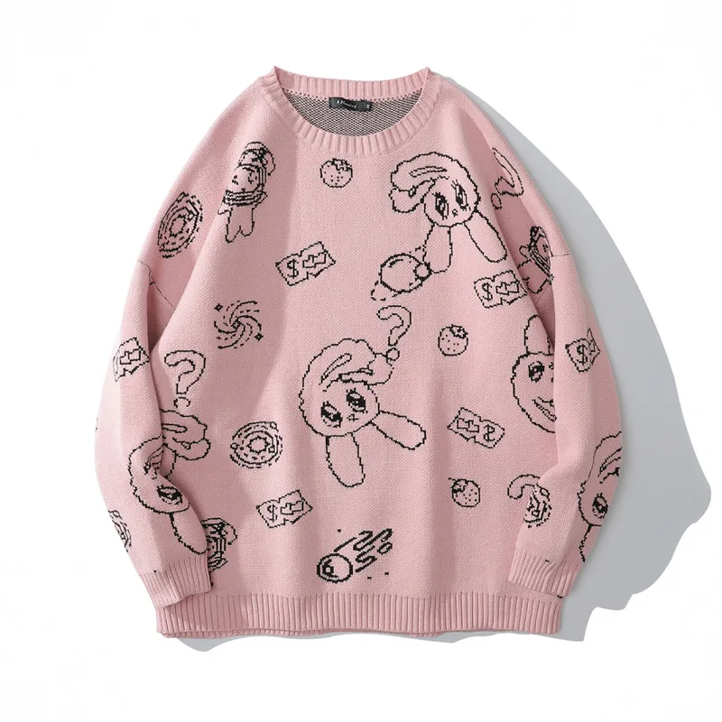 

Hip Hop Knitwear Mens Sweaters 2021 Harajuku Cartoon Pattern Jacquard Women Loose Cute Sweet Lazy Couple Streetwear Pullovers