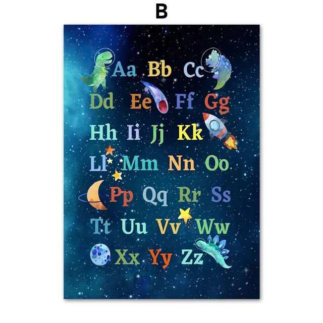 Space Dinosaur UFO Education Number Alphabet Nursery Wall Art Print Canvas Painting Nordic Poster Decor Pictures Baby Kids Room B