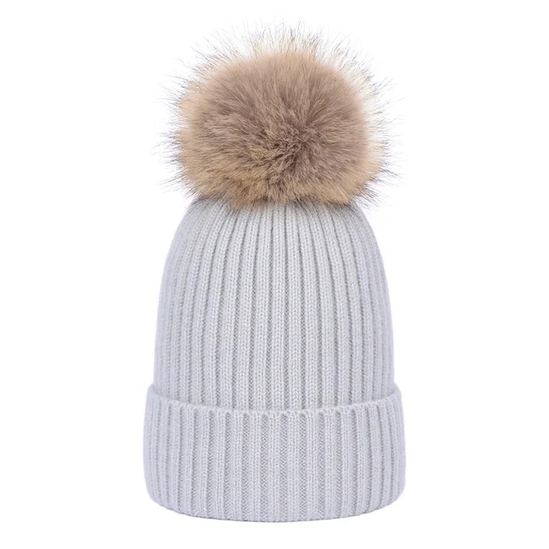 Light gray Girita, женская вязаная шапка, Skullies, зимние шапки, флисовые вязанные крючком шапки, меховые женские теплые шапки с помпоном - Цвет: Light gray