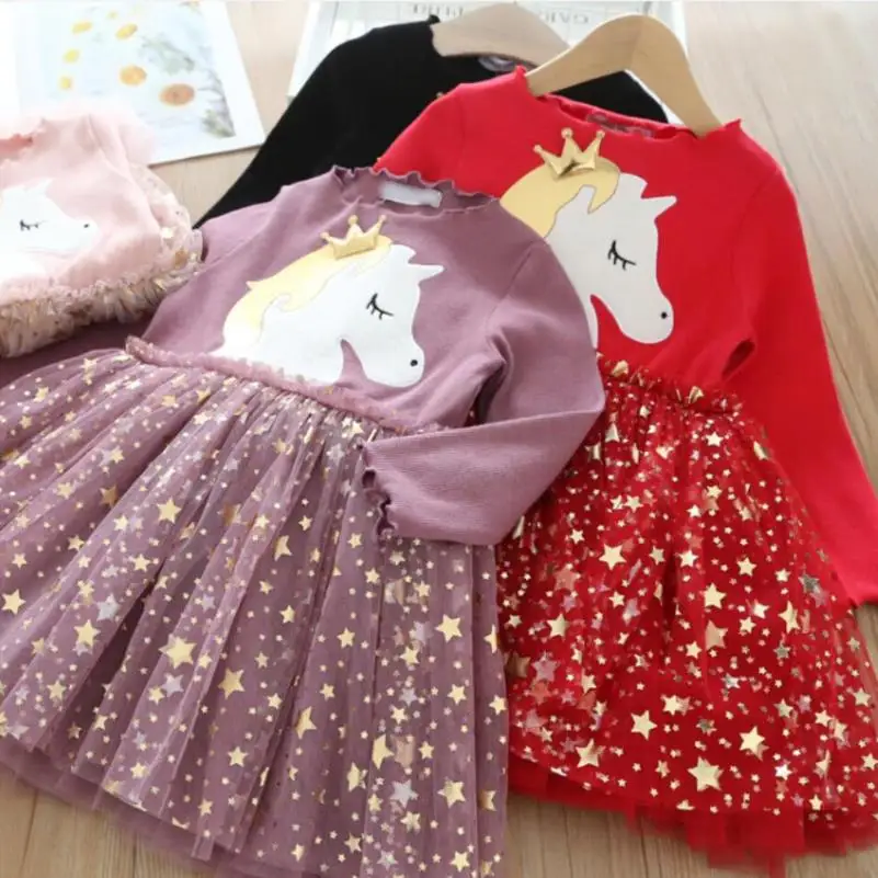 Christmas Dresses For Girls Long Sleeve Party Casual Crown Bling Star Girl Spring Autumn Dress Children Baby Princess Clothes | Детская