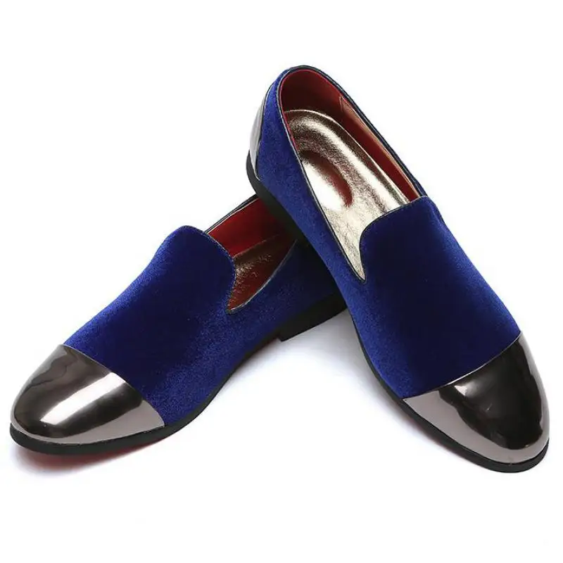 

37~48 Large Size Mens Two Color Patchwork Metallic Loafers Suede Men Pointed Toe Dress Weddings Shoes Slip On Flat Loafer Red