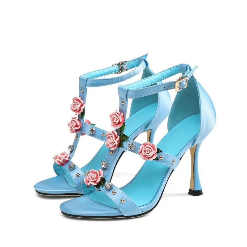 Шелковые женские босоножки с цветочным принтом; Брендовые вечерние туфли на высоком каблуке для деловой женщины; женская обувь; большие размеры 41, 42, 43 - Цвет: Синий