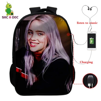 

Billie Eilish Backpack Back To School Bags 16 Inch Children Backpacks Kids Knapsack Girls Travel Bagpack USB Charging Backpack