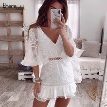 Thereadict осень выдалбливают печати белое кружевное платье, сексуальное платье с v-образным вырезом, с низким вырезом на спине вечерние платье Повседневное мини платье Женская одежда с коротким