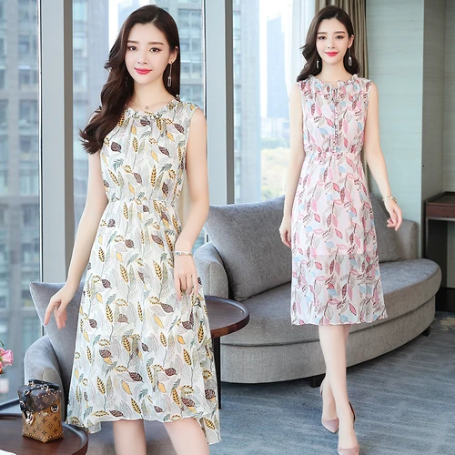 

2019 Spring Korean Version Fashion Printed Chiffon Women Dress New Style Summer Sleeveless Designs Female Temperament Dresses