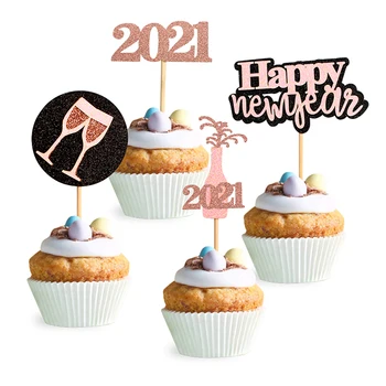 

4pcs Happy New Year Cake Topper 2021 Wine Glass Letter Cake Insert Decor Hot Stamping Cupcake Topper Wedding Party Cake Flag