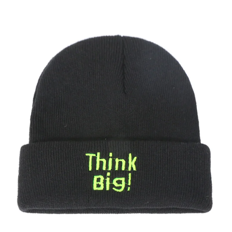 Мужская и женская вязаная шапка с надписью Think Big Embroidered, осенняя и зимняя теплая Женская кепка с манжетами, мужская повседневная Кепка Skully - Цвет: Balck