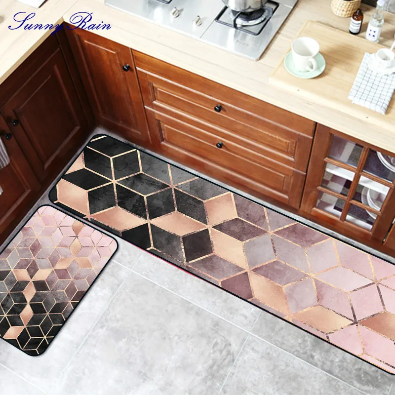 

SunnyRain 2-Piece Kitchen Rug Set Geometric Kitchen Rugs Area Rug and Carpet for Kitchen Slip Resistant Bathroom Rugs