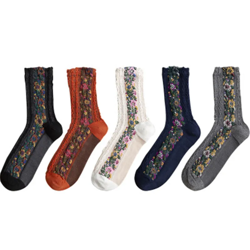 POBPOP новые женские носки в стиле ретро с интересным цветочным узором, уличная мода, хлопок, материал, подходит для осенней и зимней одежды