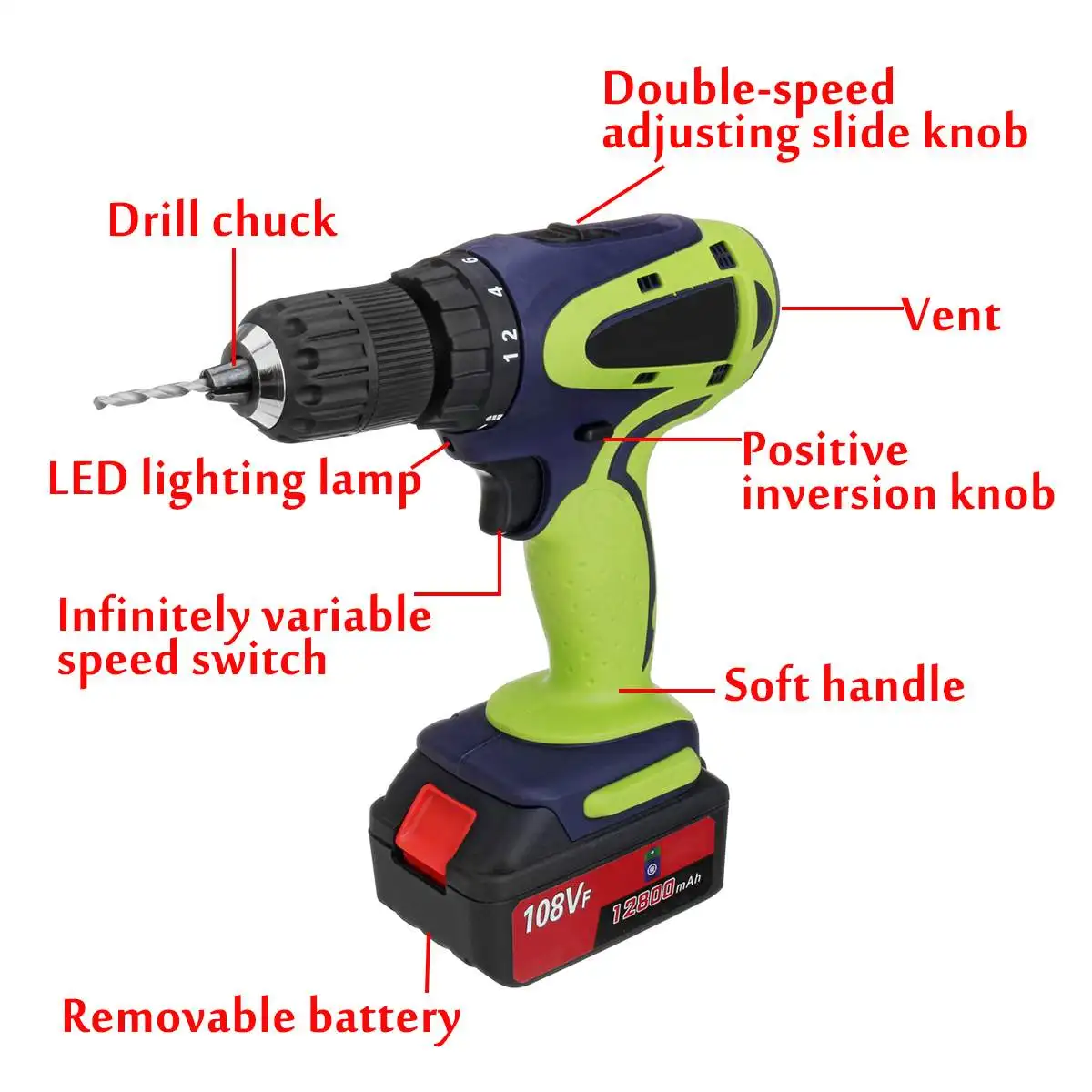 Drillpro 108VF двухскоростная Беспроводная электрическая дрель 12800 мАч многофункциональная высокомощная бытовая электрическая дрель с аксессуарами