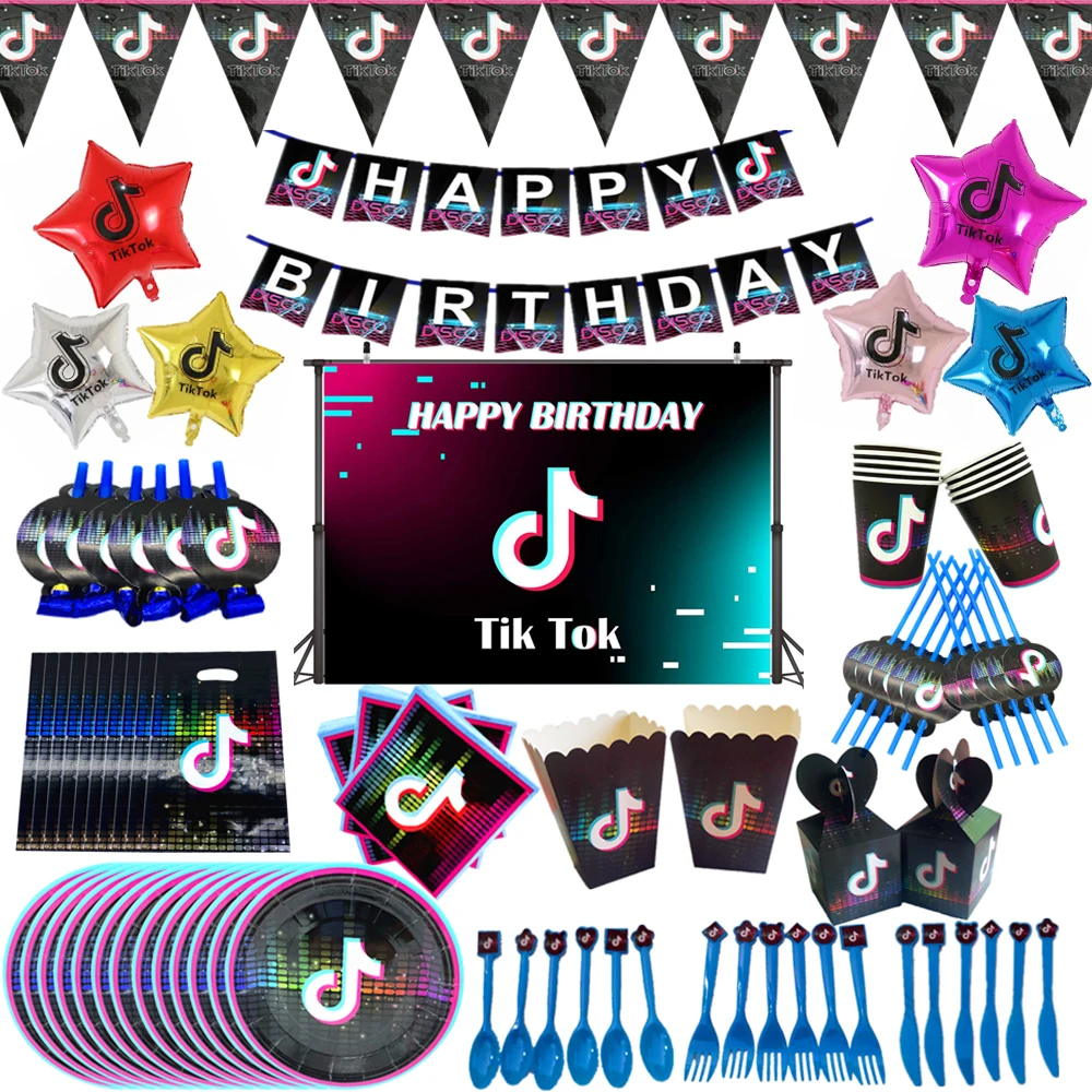 

New Tik Party Tok Theme Party Decorations Balloons Banners For Kids Like Tik Theme Birthday Party Supplies Paper Plates Cups