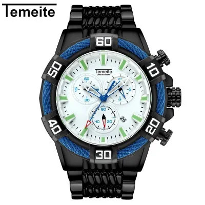 TEMEITE, мужские часы, кварт, хронограф, модные, военные, многофункциональные, с календарем, светящаяся рука, водонепроницаемые, стальная полоса, подарки для мужчин - Цвет: Black White