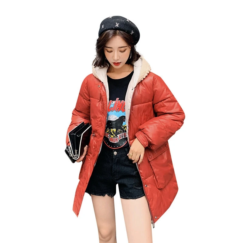 

Lingwave 2020 Winter Large Size Loose Hooded Solid Color Shiny Parka Coat Thickened Waist Drawstring Women Red Short Outerwear