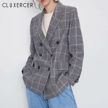 

Elegant Plaid Blazer Suit Women Vintage Long Sleeve Double Breasted Slim Coat Formal Office Work Jacket Houndstooth Outerwear