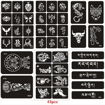 

43pcs/set Big Henna Stencils for Painting Dragon Lion Eagle Arabic Words Airbrush Stencil Templates Pochoir Peinture for Men Arm
