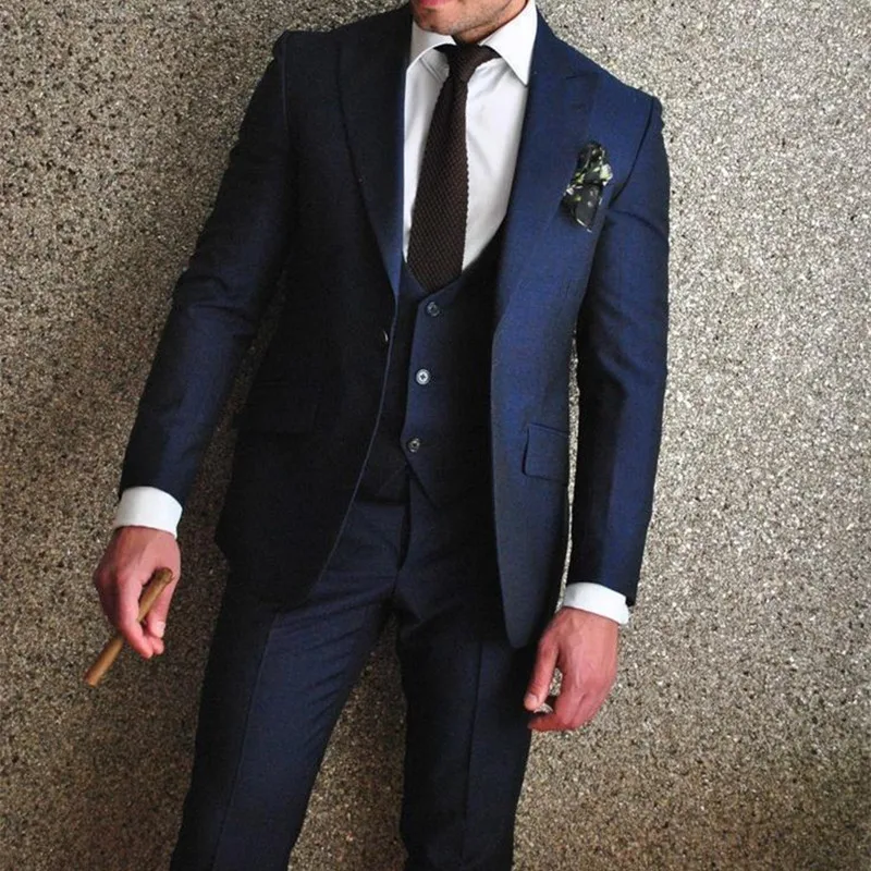 51Groom Tuxedos Navy Blue Groomsmen Peak Lapel Best Man SuitBridegroomWeddingPromDinner Suits (Jacket+Pants+Tie+Vest)