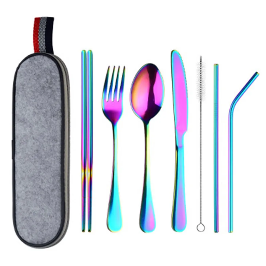 Цветная посуда многоразовый набор столовых приборов для путешествий офисный набор реквизит с Ложка Вилка палочки для еды соломенный портативный чехол 8 шт