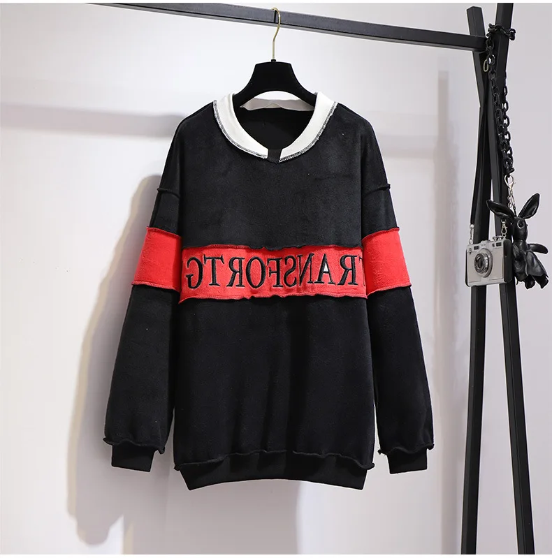 autumn winter plus size pullover for women large long sleeve loose casual wool velvet thick stripe coat red 4XL 5XL 6XL 7XL